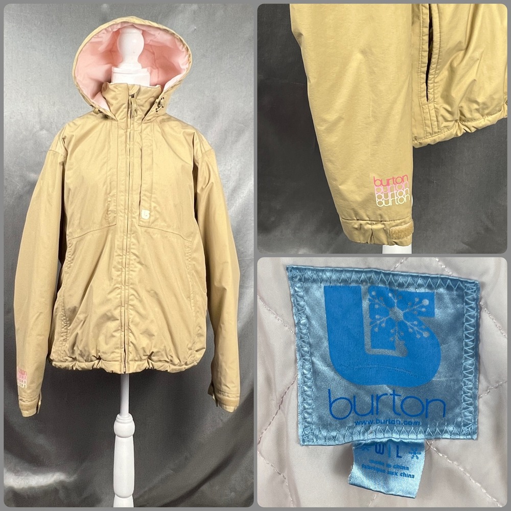 Burton Womens L Snowboard Ski Jacket Tan Light Pink Powder Skirt Hooded Coat Y2K